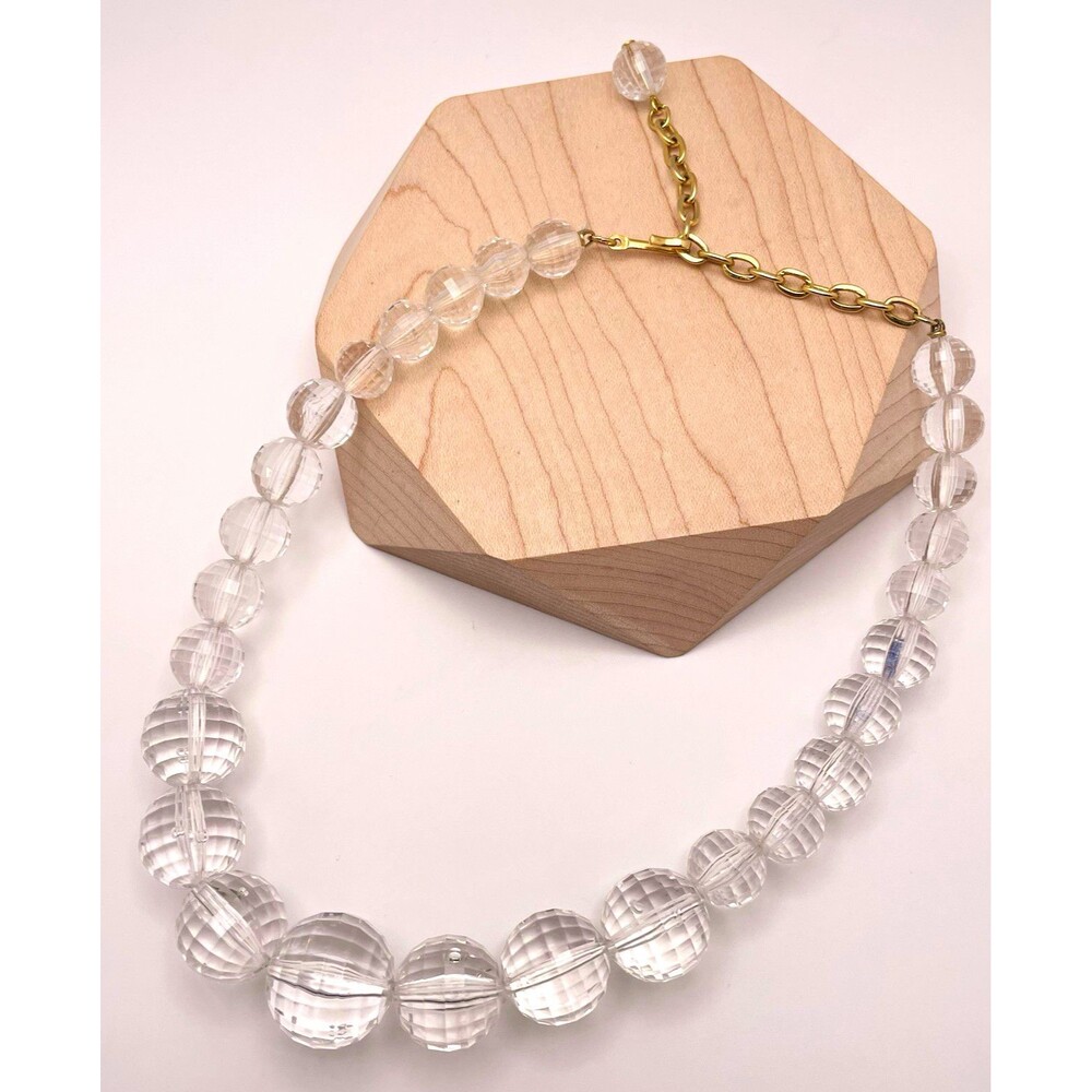 Chunky Clear Lucite Vintage Graduated Bead Gold Tone Clasp Statement Necklace
